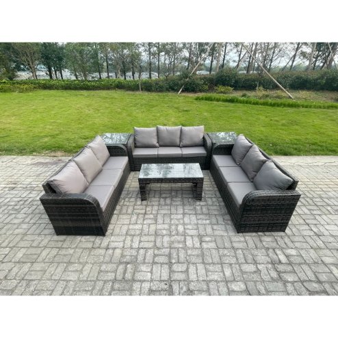 Fimous 9 Seater Outdoor Lounge Sofa Set Rattan Garden Furniture Set with Rectangular Coffee Table 2 Side Tables 3 Seater Sofa Dark Grey Mixed