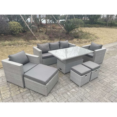 Fimous Rattan Garden Funiture Set Adjustable Rising Lifting Table Lounge Sofa Dining Set 2 Chairs Big And Small Footstool