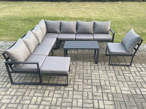 Fimous Aluminium 9 Seater Patio Outdoor Garden Furniture Lounge Corner Sofa Set with Oblong Coffee Table Big Footstool Dark Grey