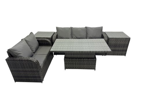 Fimous Rattan Garden Furniture Dining Set 5-seater Patio Height Adjustable Rising Lifting Table Sofa Set with 2 Side Table Dark Grey Mixed