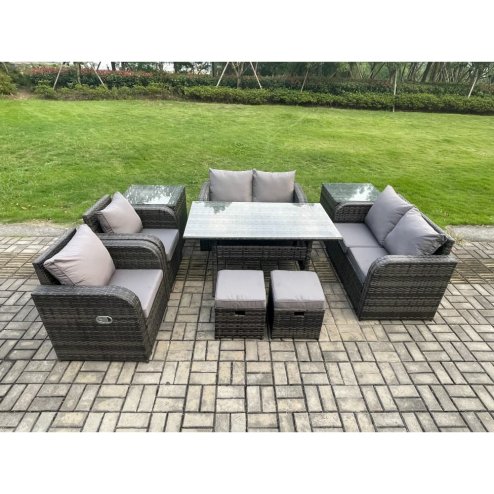Fimous Outdoor Rattan Garden Furniture 9 piece Grey Patio Furniture Set 8 Seater Lounge Sofa Set with Rectangular Table Reclining Chairs 2 Stools 2 Side Tables