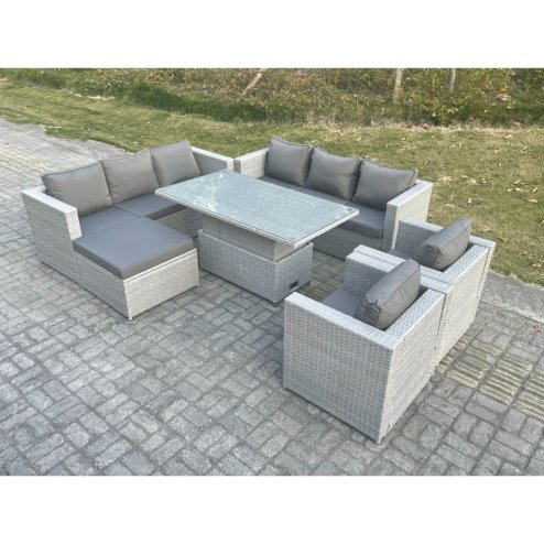 Fimous Rattan Garden Funiture Set Height Adjustable Rising Lifting Table Sofa Dining Set Lounge Sofa 2 Arm Chair Footstool
