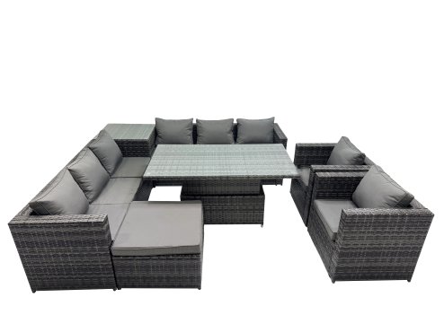 Fimous 9 Seater Outdoor Corner Sofa Height Adjustable Rising Lifting Table Set Garden Rattan Furniture Set with Side Table Big Stool Dark Grey