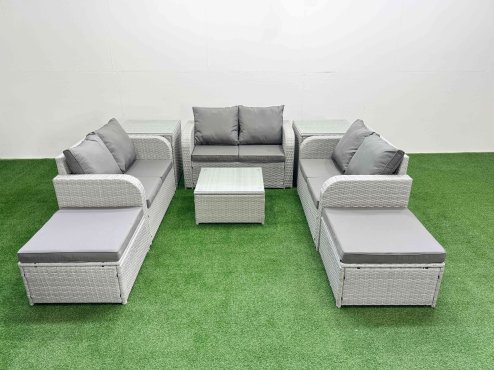 Fimous 8 Seater PE Wicker Rattan Furniture Sofa Sets with Square Coffee Table 2 Seater Love Sofa 2 Big Footstool 2 Side Table Light Grey