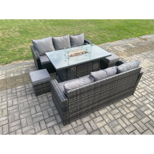 Fimous Rattan Garden Furniture Set with Fire Pit Table 8 Seater Outdoor Lounge Sofa Set Dark Grey Mixed