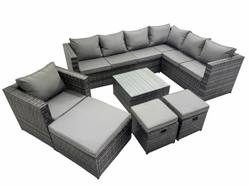 Fimous Outdoor PE Rattan Garden Furniture Sofa Set with Square Coffee Table Chair 3 Stools Dark Grey