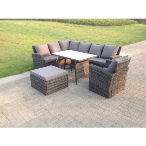 Fimous 8 Seater High Back Rattan Garden Furniture Set Corner Sofa With Oblong Dining Table Footstool With Arm Chair