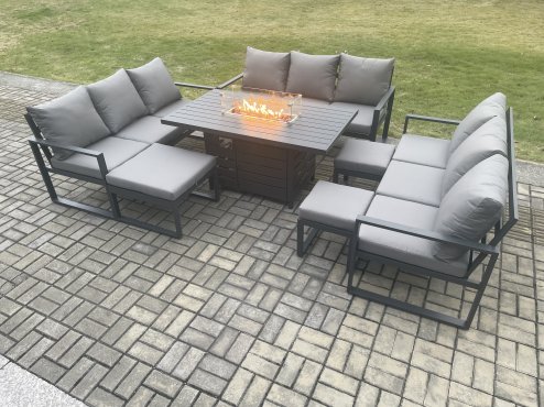 Fimous Aluminium Garden Furniture Outdoor Set Patio Lounge Sofa Gas Fire Pit Dining Table Set with 3 Footstools Dark Grey