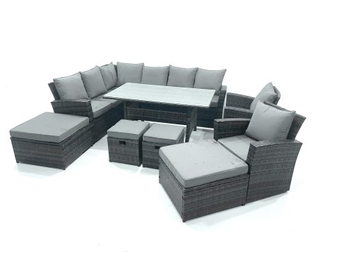 Fimous Outdoor Furniture Garden Dining Set Rattan Corner Sofa Set with 4 Footstools 2 Armchairs Dark Grey Mixed