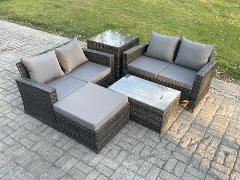 Fimous Wicker Rattan Garden Furniture Sofa Set with Rectangular Coffee Table Double Seat Sofa Big Footstool Side Table 5 Seater Outdoor Rattan Set Dark Grey Mixed