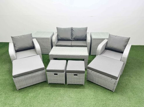 Fimous PE Wicker Rattan Furniture Sofa Sets with Oblong Coffee Table Love Sofa Reclining Chair 2 Side Table 4 Stools Light Grey Mixed