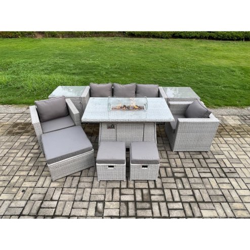 Fimous Outdoor Garden Dining Sets Rattan Furniture Gas Fire Pit Dining Table With 2 Armchairs 2 Side Tables 3 Footstools Light Grey
