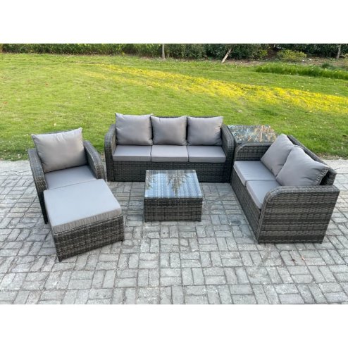 Fimous Rattan Garden Furniture 6 Piece Patio Set With Table Sofa Square Coffee Table Reclining Chair Loveseat sofa Big Footstool Side Table