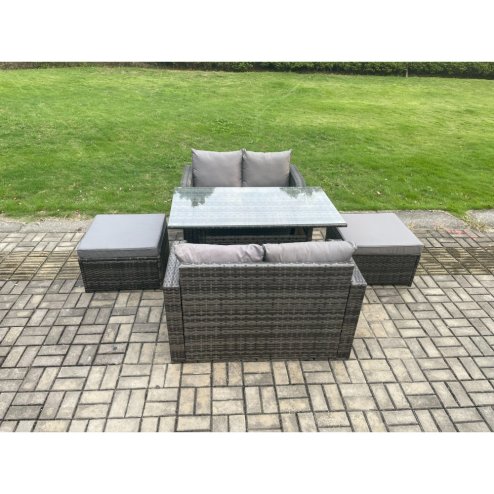 Fimous Garden Patio Furniture Wicker Rattan Oblong Rectangular Dining Table and Loveseat Sofa set with 2 Big Footstool Dark Grey Mixed