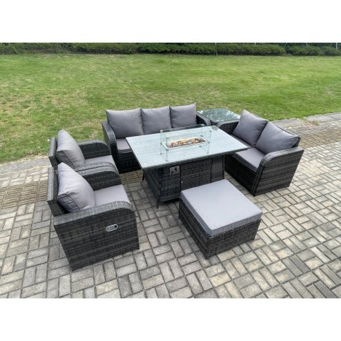 Fimous PE Wicker Outdoor Rattan Garden Furniture Set Propane Gas Fire Pit Table and Sofa Chair set with Side Table Big Footstool