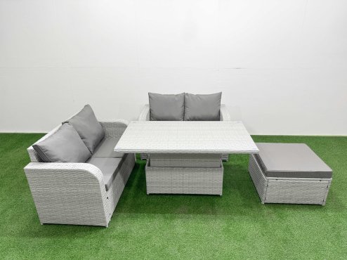 Fimous 5 Seater Outdoor Love Sofa Set Rattan Garden Furniture Set with Adjustable Lifting Dining or Coffee Table Big Footstool Light Grey