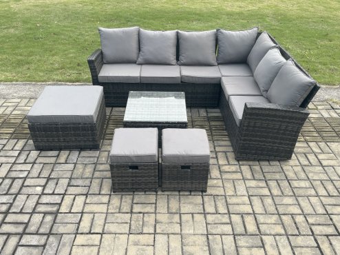 Fimous Rattan Garden Furniture Set Outdoor Lounge Corner Sofa Set With Square Coffee Table 3 Footstools 9 Seater Dark Grey Mixed