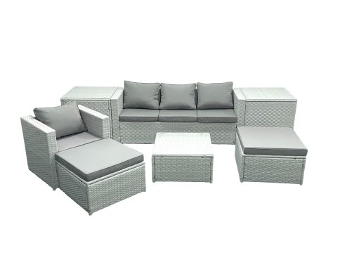 Fimous Garden Outdoor Furniture Set 6 Seater Rattan Sofa Set with 2 Big Footstools Armchair 2 Side Tables Light Grey Mixed