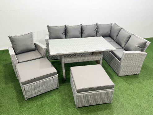 Fimous Rattan Garden Furniture Set Outdoor 9 Seater Patio Dining Corner Sofa Sets with Dining Table Chair 2 Big Footstools Light Grey Mixed