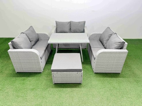 Fimous Rattan Garden Furniture Dining Set 7-seater Patio Rectangular Table Love Sofa Set with Big Stool