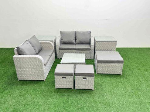 Fimous 7 Seater Outdoor Love Sofa Set Rattan Garden Furniture Set with Square Coffee Table 3 Footstool 2 Side Tables Light Grey