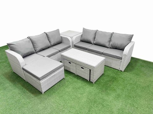 Fimous Outdoor Garden Furniture Sets 9 Seater Wicker Rattan Furniture Sofa Sets with Oblong Coffee Table high Back Lounge Sofa 3 Stools Side Table Light Grey