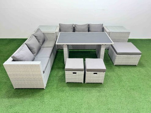 Fimous Rattan Garden Furniture Dining Set 9-seater Patio Rectangular Table Sofa Set with 2 Side Tables 3 Stools Light Grey