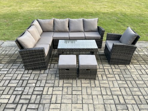 Fimous 9 Seat Rattan Garden Furniture Corner Sofa Set Outdoor Patio Sofa Chair Table Set with 2 Small Footstools Dark Grey Mixed