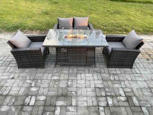 Fimous 4 Seater?Outdoor Rattan Sofa Set Garden Furniture Gas Firepit Dining Table Heater Dark Grey Mixed