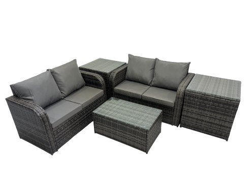Fimous Outdoor Love Sofa Coffee Table Set Garden Rattan Furniture Set 4 Seater with 2 Side Tables Dark Grey
