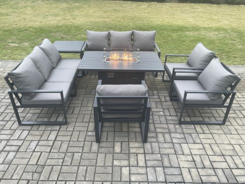 Fimous Aluminium Garden Furniture Outdoor Set Patio Lounge Sofa Gas Fire Pit Dining Table Set with 3 Armchair Side Table Dark Grey