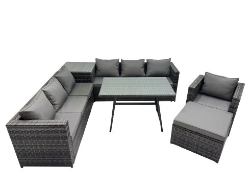 Fimous Outdoor Corner Sofa Chair Dining Table Set Garden Rattan Furniture Set 8 Seater with Side Table Big Stool Dark Grey