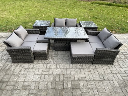 Fimous Wicker PE Rattan Garden Furniture Set Height Adjustable Rising Lifting Table Sofa Dining Set with Double Seat Sofa 3 Footstools 2 Side Tables Dark Grey Mixed