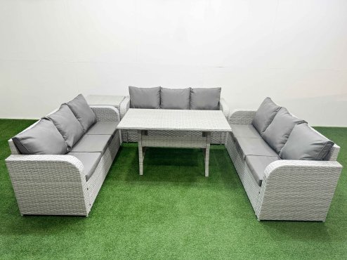 Fimous PE Rattan Lounge Sofa Set 9 Seater Outdoor Garden Furniture Set with Rectangular Dining Table 3 Seater Sofa Side Table Light Grey