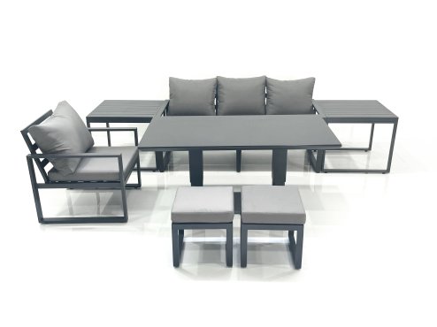 Fimous 6 Seater Garden Sofa Set Aluminium Furniture Rising Dining Tabe Set with Chair 2 Side Table 2 Small Footstools Dark Grey