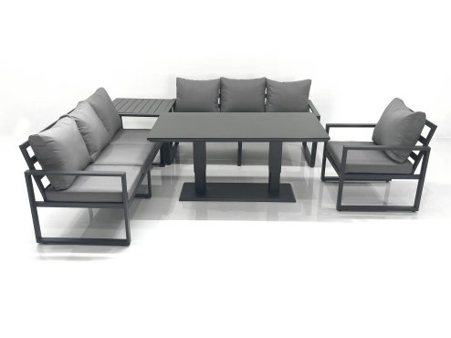 Fimous Outdoor Garden Furniture Set Aluminium Lounge Sofa Adjustable Rising Lifting Dining Table Sets with Side Table Dark Grey