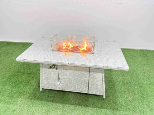 Fimous Rattan Corner Sofa Chair Set Outdoor Furniture Garden Dining Set Gas Fire Pit Table with Temper Glass 2 Big Footstools Light Grey Mixed