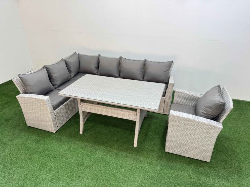 Fimous 7 Seater Rattan Garden Furniture Set Outdoor Patio Dining Corner Sofa Sets with Dining Table Chair Light Grey Mixed