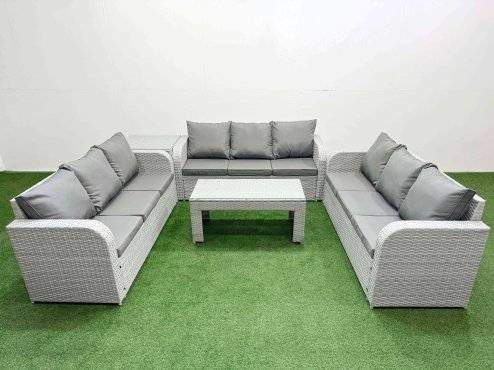 Fimous PE Rattan Lounge Sofa Set 9 Seater Outdoor Garden Furniture Set with Oblong Coffee Table 3 Seater Sofa Side Table Light Grey