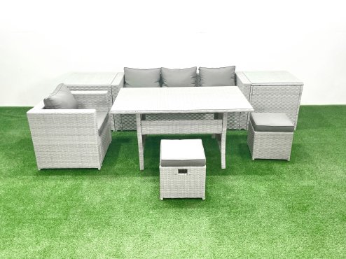 Fimous Rattan Garden Furniture Dining Set 6 Seater Lounge Sofa Chair Dining Table Set with 2 Small Footstools 2 Side Tables Light Grey Mixed