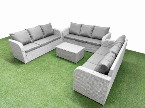 Fimous PE Rattan Lounge Sofa Set 9 Seater Outdoor Garden Furniture Set with Rectangular Coffee Table 3 Seater Sofa Light Grey