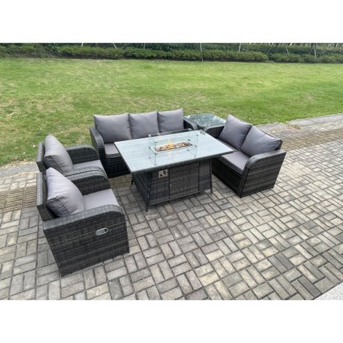 Fimous PE Wicker Outdoor Rattan Garden Furniture Set Propane Gas Fire Pit Table and Sofa Chair set with Side Table 7 Seater