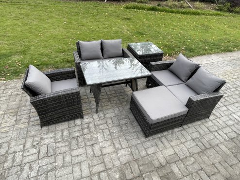 Fimous 6 Seater Wicker PE Rattan Garden Dining Set Outdoor Furniture Sofa with Rectangular Dining Table Double Seat Sofa Big Footstool Side Table Dark Grey Mixed
