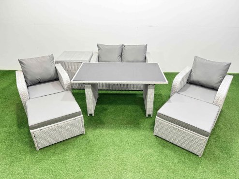 Fimous Outdoor Rattan Garden Furniture Dining Set 6-seater Patio Rectangular Table Love Sofa Reclining Chair Set with Side Table 2 Big Stools