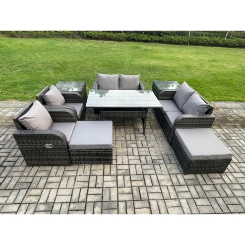 Fimous Outdoor Rattan Garden Furniture 9 piece Grey Patio Furniture Set 8 Seater Lounge Sofa Set with Rectangular Table Reclining Chairs 2 Big Stools 2 Side Tables