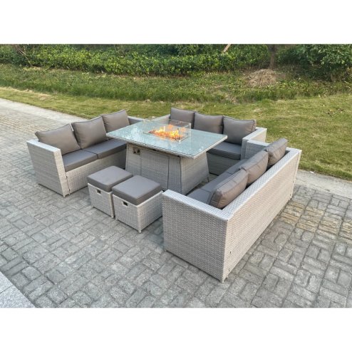 Fimous Light Grey U Shape Lounge Sofa Dining Set With Gas Heater Fire pit Burner 2 PC Small Footstool