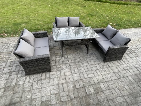 Fimous 6 Seater Rattan Wicker Garden Furniture Patio Conservatory Sofa Set Indoor Outdoor with Dining Table Double Seat Sofa