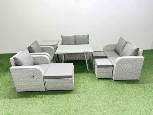 Fimous 9 Seater Rattan Garden Furniture Set Outdoor Love Sofa Set with Rectangular Dining Table Side Table 3 Footstools Light Grey
