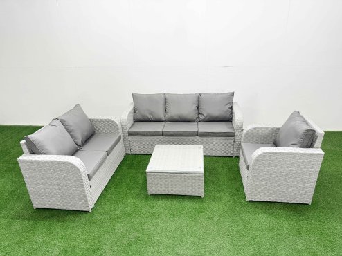 Fimous Patio PE Wicker 6 Seater Outdoor Rattan Furniture Sofa Sets with Square Coffee Table Reclining Chair Loveseat Sofa 3 Seater Sofa Light Grey
