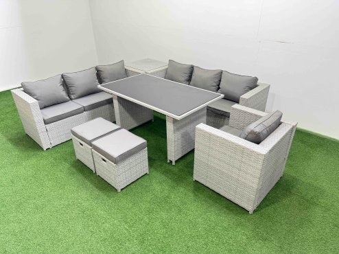 Fimous Patio Garden Furniture Sets with Black Glass Top Dining Table 3 Seater Sofa Armchair Side Table 2 Small Stool Light Grey